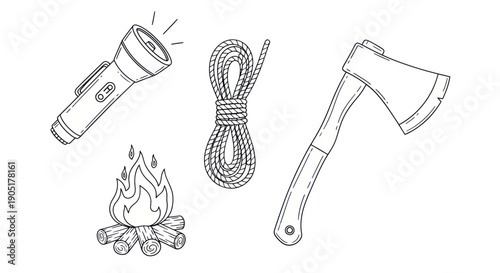 Camping Gear: Flashlight, Axe, Rope, and Campfire Illustration