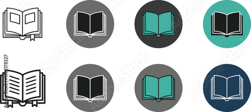 Open book icon set in outline and filled circle styles for education learning apps and digital libraries