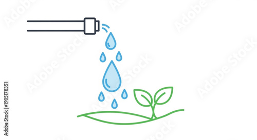 Watering can pouring droplets on green plant sprout with leaves symbolizing growth and nurturing in a simple line art style