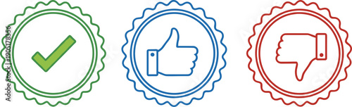 Approval feedback badge icon set with check mark thumbs up and thumbs down for rating systems