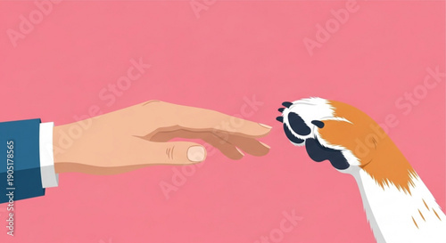 Person and dog shaking hands symbolizing friendship and partnership with a pink background