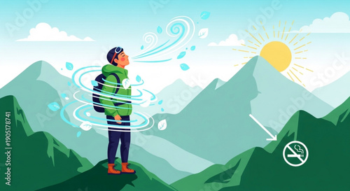 Man experiencing climate change effects in mountains with swirling winds and pollution