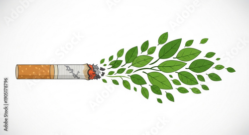 Cigarette transforming into green leaves symbolizing health wellness and anti smoking concept on white background