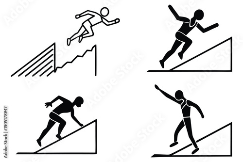 Black Silhouette Runner Jumping Hurdles on Inclined Surfaces