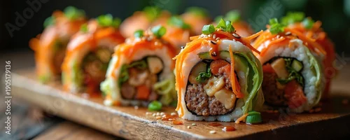 Obraz  z motywem Close up of fusion sushi burritos with seasoned meat filling and fresh vegetables. Garnished with shredded carrots, sesame seeds, and a spicy sauce drizzle. Ready to eat.