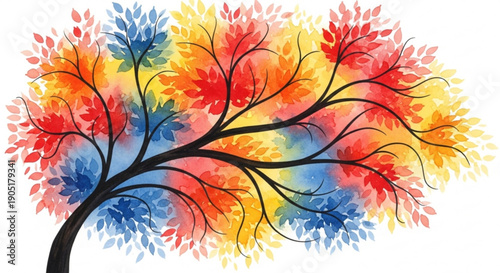 Vibrant tree with multicolored leaves in red orange yellow and blue hues on white background symbolizing nature and growth
