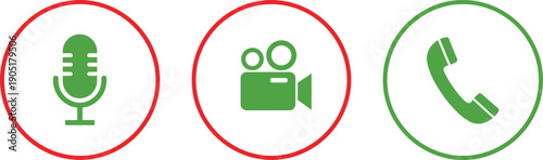 Media communication icon set with microphone, video camera, and phone symbols in red and green circular frames