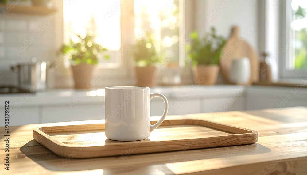 Obraz premium A white mug sits on a wooden tray in a sunlit kitchen, creating a warm, inviting atmosphere with plants