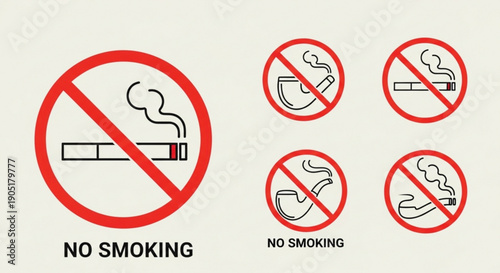 No smoking signs and symbols on beige background for public health campaigns and smoking prohibition