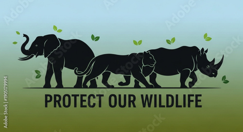 Wildlife conservation concept with elephant lion and rhino silhouettes on green background