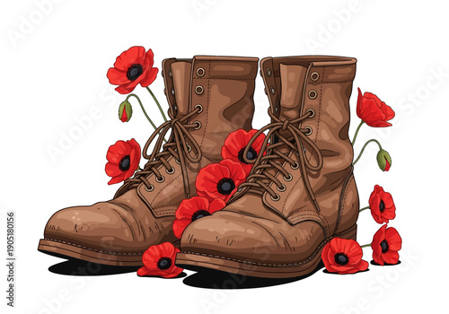 Pair of Worn Leather Boots Adorned with Vibrant Red Poppies.