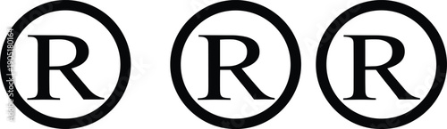Registered trademark symbol icon set with letter R inside circular outlines, legal brand protection vector symbols collection