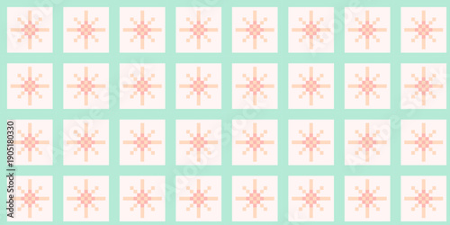 Seamless geometric pixel art pattern. Pastel pink stars and pinwheel motifs on mint green background. Minimalist digital mosaic wallpaper.