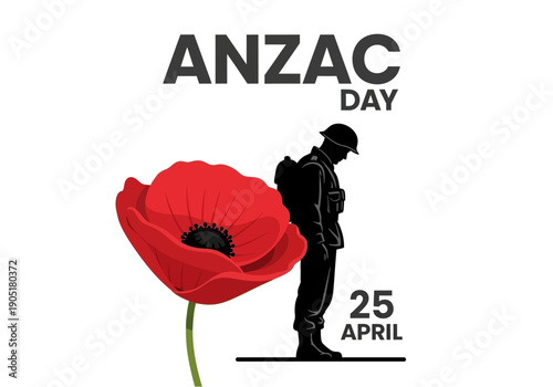 Anzac Day soldier silhouette with poppy and date.