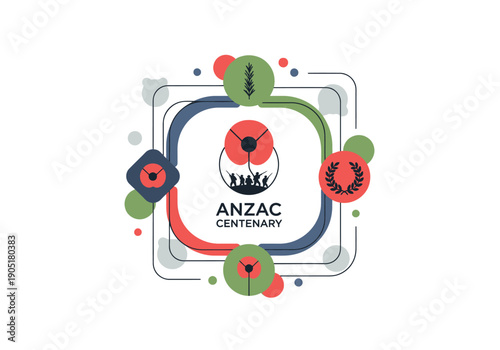 Anzac Centenary Emblem with Poppies and Silhouettes.