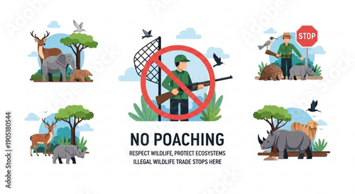 No poaching wildlife conservation concept with animals and hunter