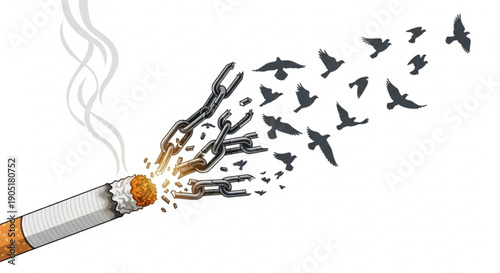 Smoking cigarette releases flock of birds into freedom symbolizing liberation from addiction and healthy lungs