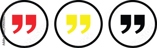 Quotation mark icon set in red, yellow, and black circular frames, quote and text punctuation vector symbols