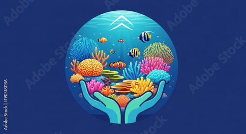 Vibrant coral reef ecosystem in hands symbolizing conservation and marine life protection with colorful fish and sea anemones