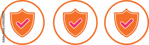 Shield security checkmark icon set in orange circular outlines, protection, safety, and verified assurance vector symbols