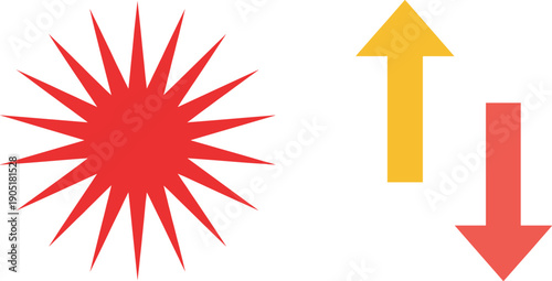 Red starburst explosion with up and down arrow icons, abstract direction and attention vector symbol set