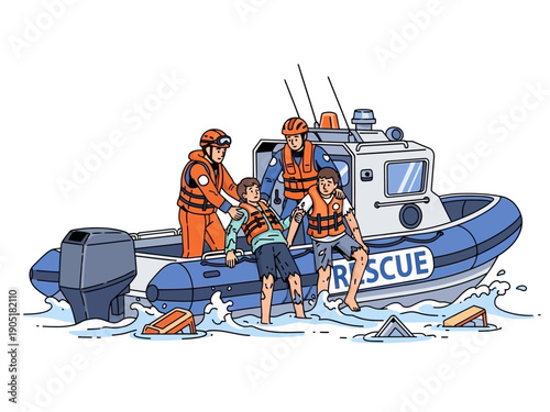 Rescue team saving people from water on a boat.