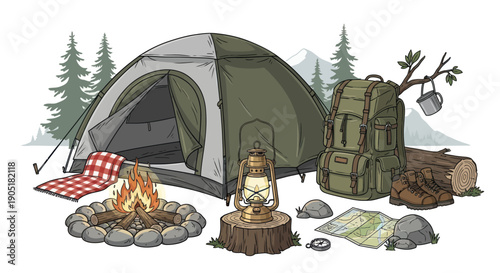 Camping Gear Illustration: Tent, Campfire, Backpack, Lantern, Map, Boots
