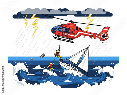 Helicopter rescue operation in stormy seas saving people from a sinking sailboat.