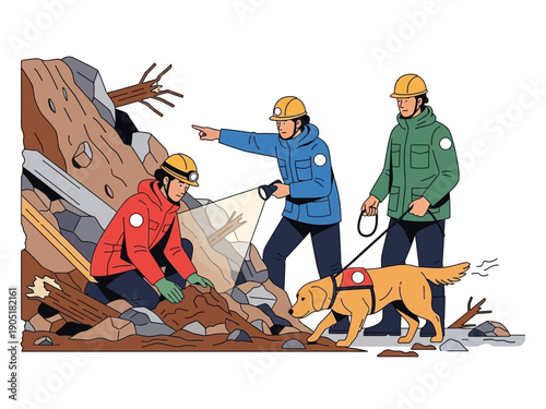 Search and Rescue Team with Dog Inspecting Debris.