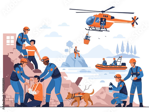 Rescue team saving people and dog from disaster scene with helicopter and boat.