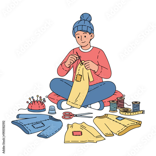 Woman in casual clothing sitting cross-legged, sewing a yellow garment surrounded by fabric, threads, and sewing tools on a plain white background.