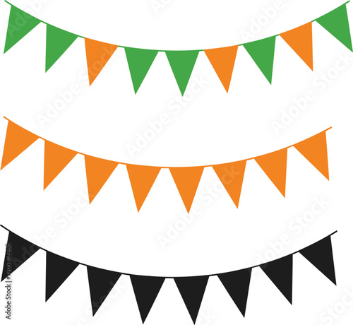 Festive bunting flag garland set in green, orange, and black colors, party celebration decoration vector elements