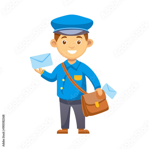 Friendly cartoon mailman wearing a blue uniform and cap carrying a stack of letters and a brown messenger bag isolated on white background