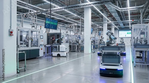 Autonomous mobile robot fleet smart industrial factory transporting material with robotic arms and autonomous vehicle systems for efficient production