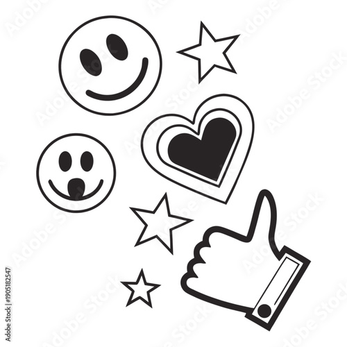 Joyful Symbols: An engaging design filled with smiley faces, stars, hearts, and a thumbs-up, creating a lively visual representation of positivity, happiness, and approval. 