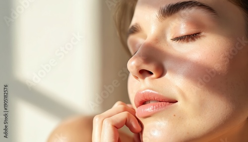 Woman face with natural light and glow. Healthy skin texture shows moisture and freshness. Gentle touch on cheek suggests calm wellness routine. Appears radiant and confident.