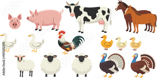 Set of cute farm animal illustrations including cow, pig, horse, sheep, chicken, duck, and turkey, colorful cartoon livestock collection for education, farming, 