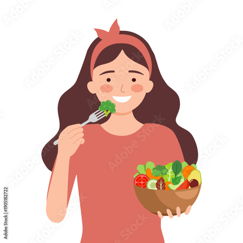 Young happy woman eating salad on white background. Concept of healthy lifestyle, diet, waist loss, fresh meal, cooking, clean food, low calorie.