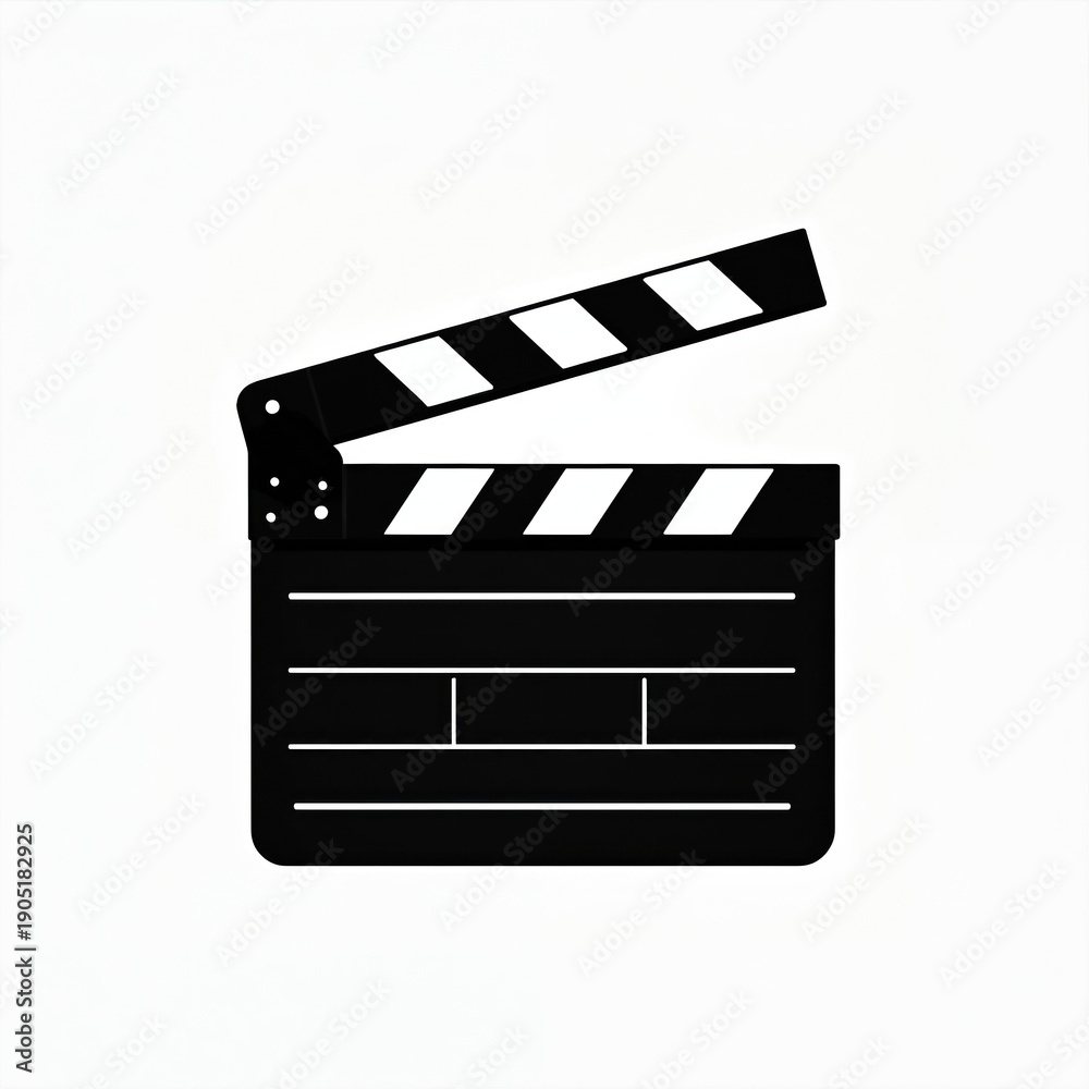 Obraz premium Black movie clapper board graphic with white stripes is open against a clean white backdrop. This symbol signifies the start of film production or scene recording.