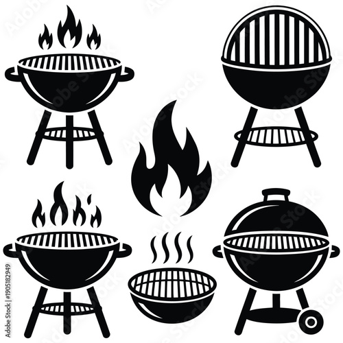 barbecue grill icon set black and white charcoal grill illustrations.