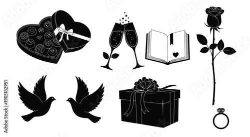 Black and white valentine's day icons set including heart gift box champagne book with heart rose doves present and diamond ring on white background for love and wedding designs