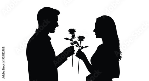 Silhouette of romantic couple exchanging roses valentine's day love and affection concept black and white profile view isolated on white background tender moment