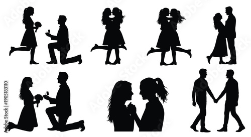 Romantic couples silhouettes in various poses and emotions on white background