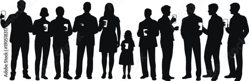 Silhouette group of diverse people and a child using smartphones, representing digital lifestyle, social media addiction, technology dependence, modern communication, and online connectivity concept