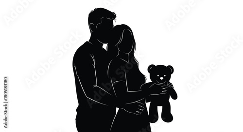 Silhouette of a romantic couple embracing with a teddy bear on a white background