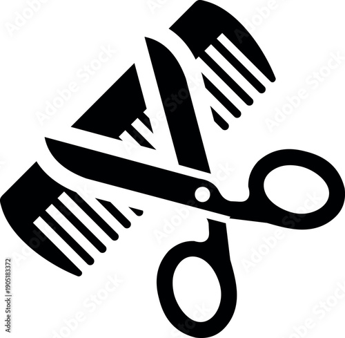 Simple black and white icon of scissors and comb for hairdressing