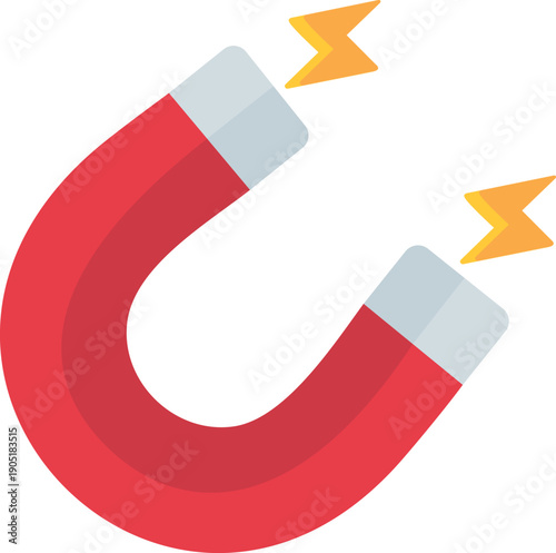 Red horseshoe magnet illustration with sparks symbolizing attraction and power