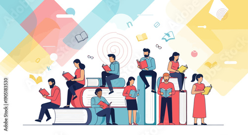 Diverse People Reading Books Stacked on White Background, Education Concept