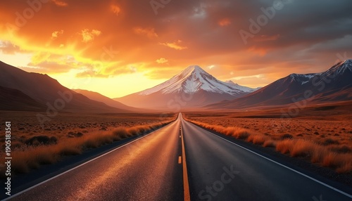 Empty asphalt road leads towards snow capped mountain under dramatic sunset sky. Dry grass lines the route. Scenic view for travel and exploration.