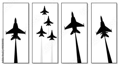 Military jets taking off in formation with contrails on clear sky background